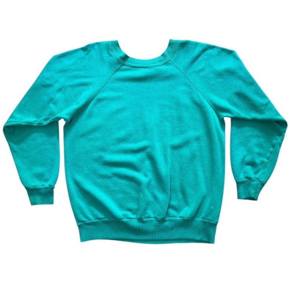 Vintage 80s Pannill Daytona Beach Florida USA Teal Raglan Surf Palm Tree Sweater - Picture 7 of 8
